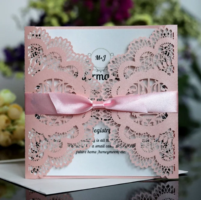 Beautiful wedding glitter invitation, laser hollowed box in pearl white