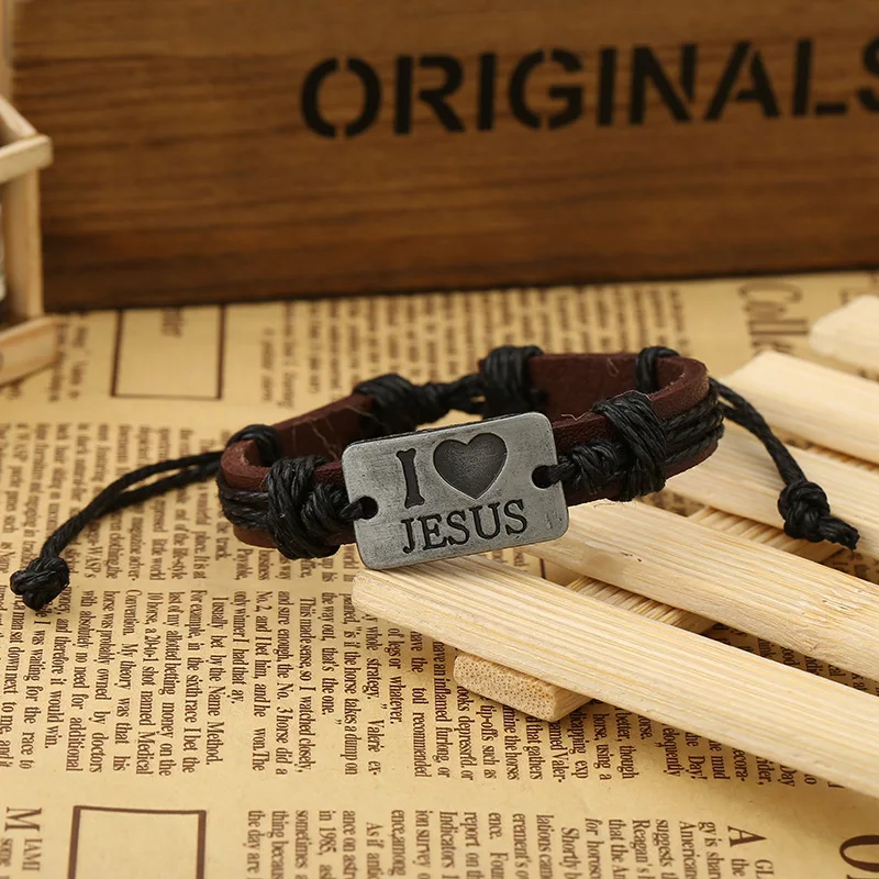 New Classic Unisex Christ I Love Jesus Cord Leather Bracelet For Gift
