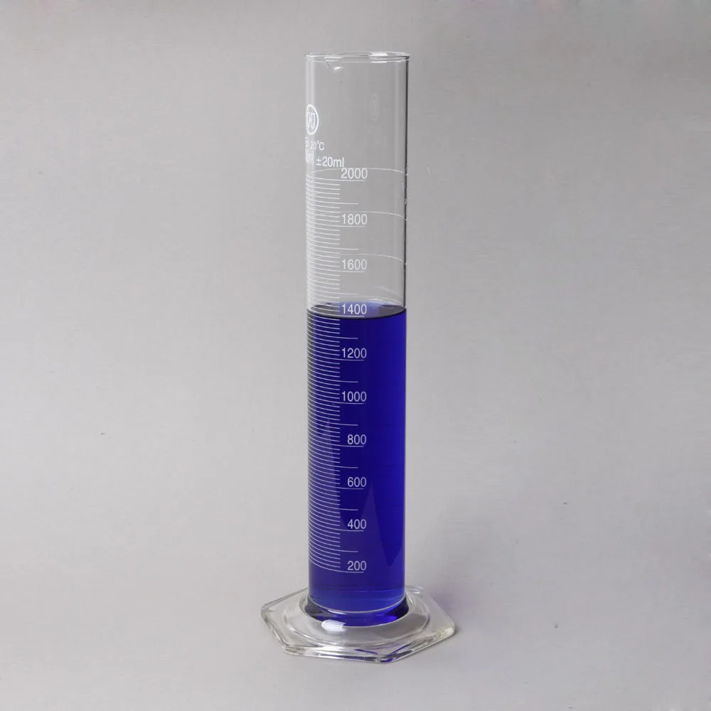 Лабораторный градиентный стеклянный мерный цилиндр HUAOU 2000 мл со стеклянным шестигранным основанием