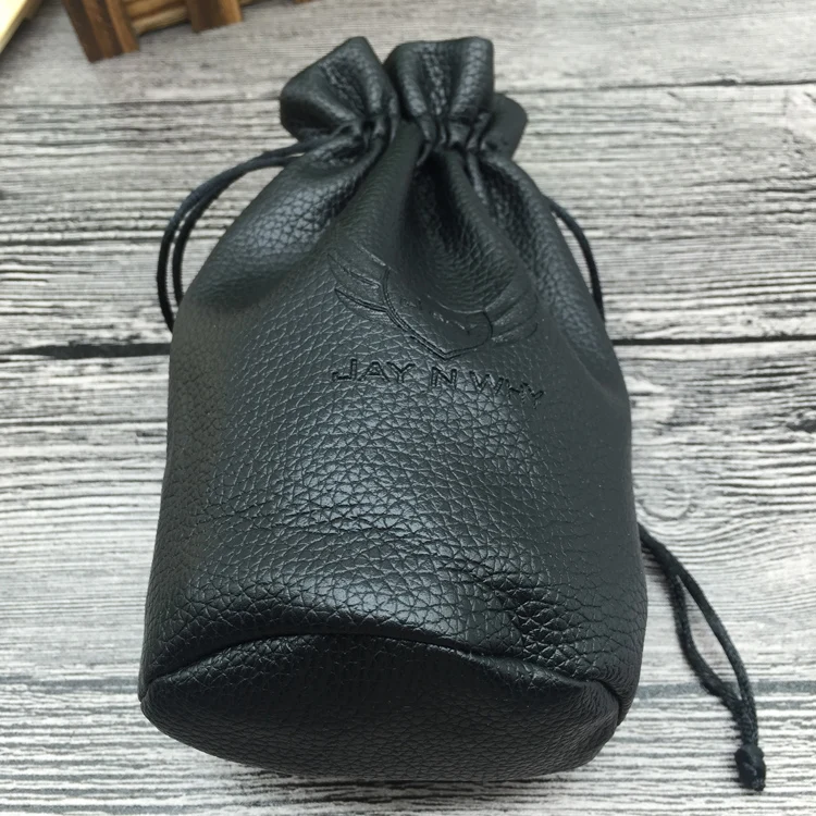 Black Round Botton Faux Leather Watch Pouch Bags with Emboss