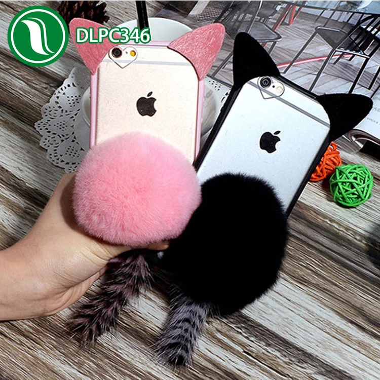 3D Cute Kitty Cat Ear fur case Shockproof Silicone cat shaped ball and tail case plush cat case for iPhone 7