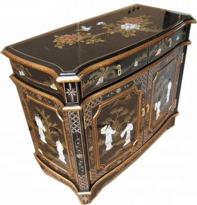 
mother of pearl lacquer asia oriental furniture hand painted living room cabinet 
