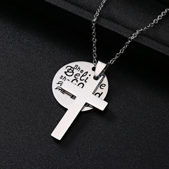 wholesale silver jewelry cross pendant necklace custom coin engraved she believe she could so she did necklace