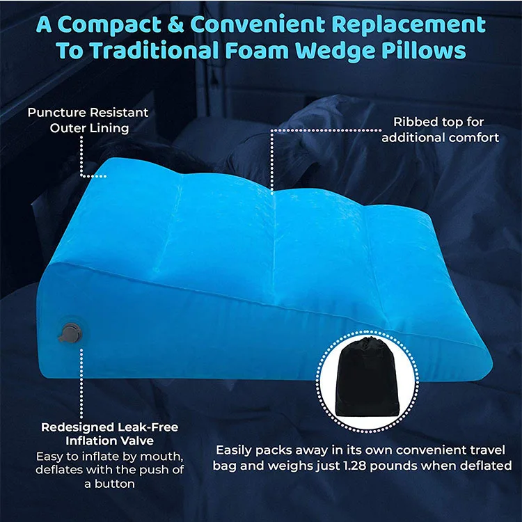 Inflatable Portable Bed Wedge Pillow with Velour Surface for Sleeping, Trip Vacation, Horizontal Indentation Prevent Sliding