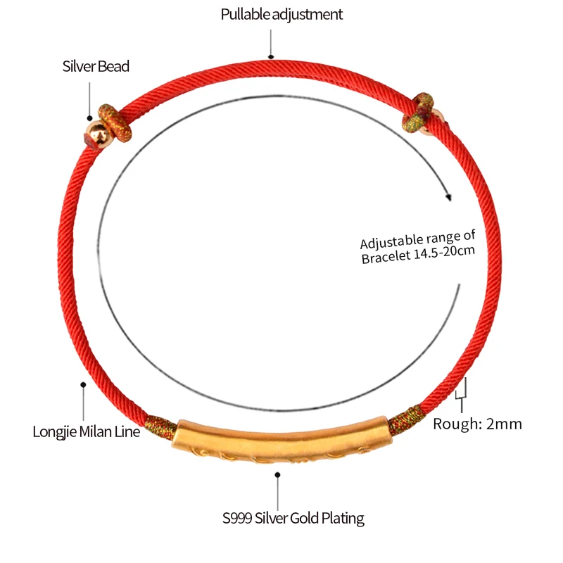 
LONGJIE factory customized six-word om mani padme hum bracelet 999 foot silver-plated golden red rope Chinese knitted hand rope 