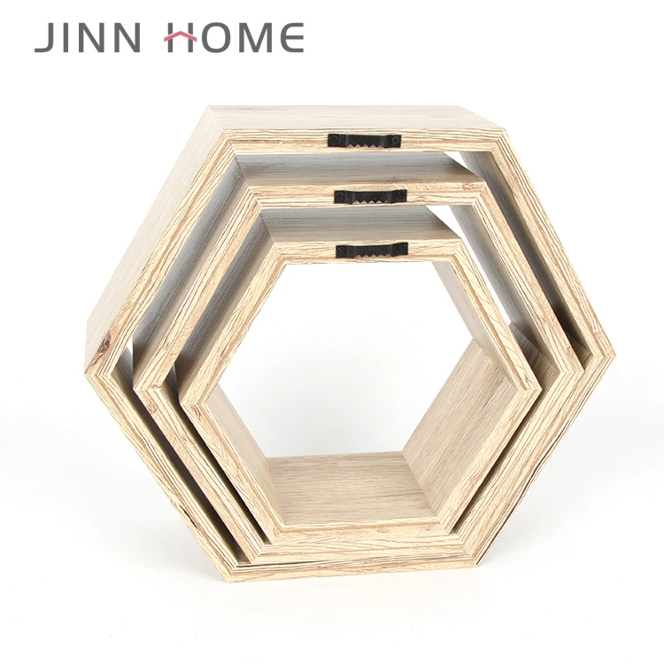 Wood Hexagon wholesale Wall-Mounted 3D Shadow Box frame 3 Sets Floating Display Shelves