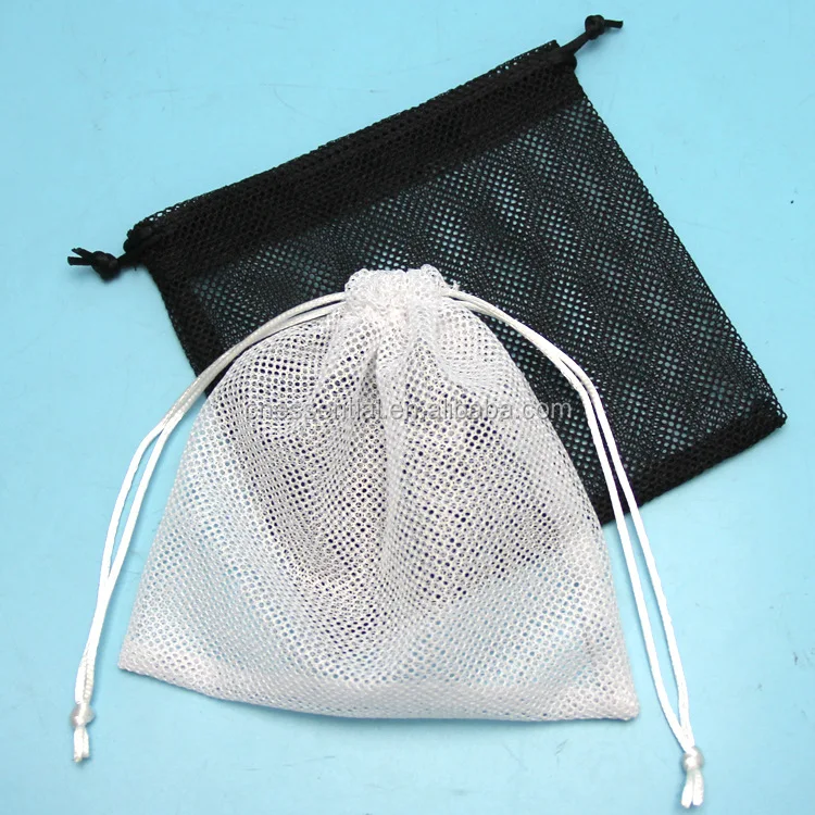 Small nylon cheap drawstring mesh net pouch bag with customized woven label