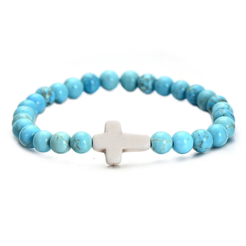 Natural Lava Stone Bead Turquoise Bracelets Beaded Cross Rosary Christian Agate Bracelet