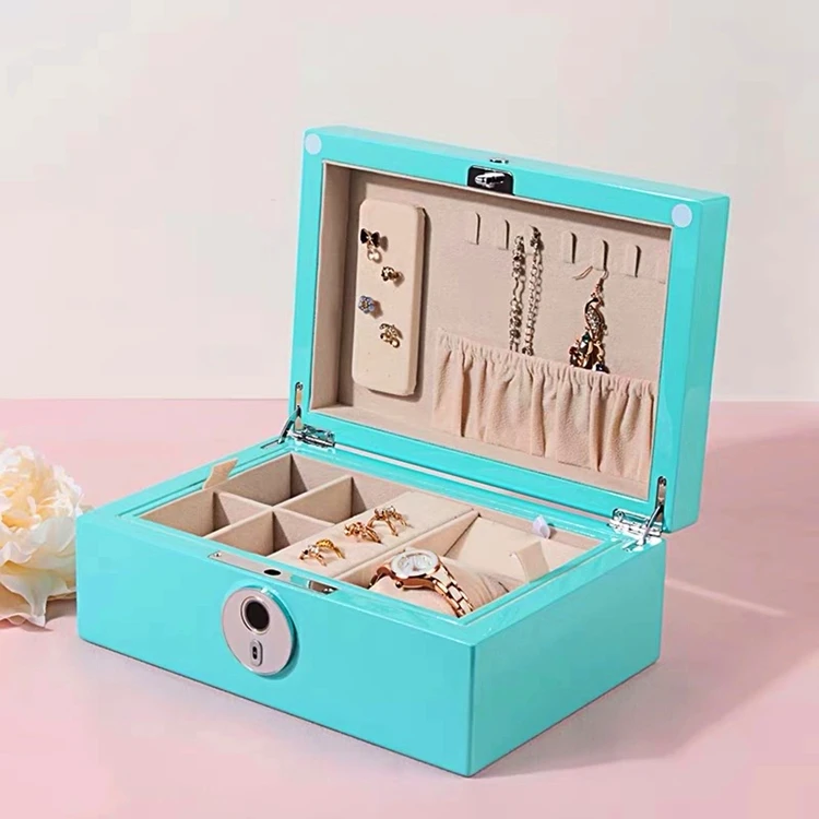 Custom Fingerprint Lock Wooden Jewelry Box Luxury Treasure Ornaments PU Leather Box