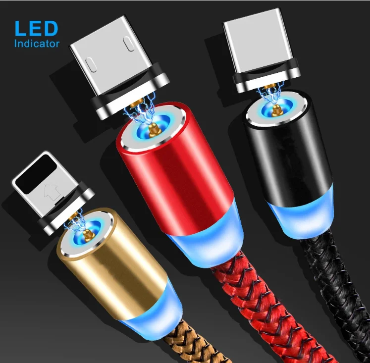 2.4A 3 in 1 LED Magnetic Charging Cable Upgraded Nylon Braided Magnet USB Charger Cable for Samsung iPhone Charger