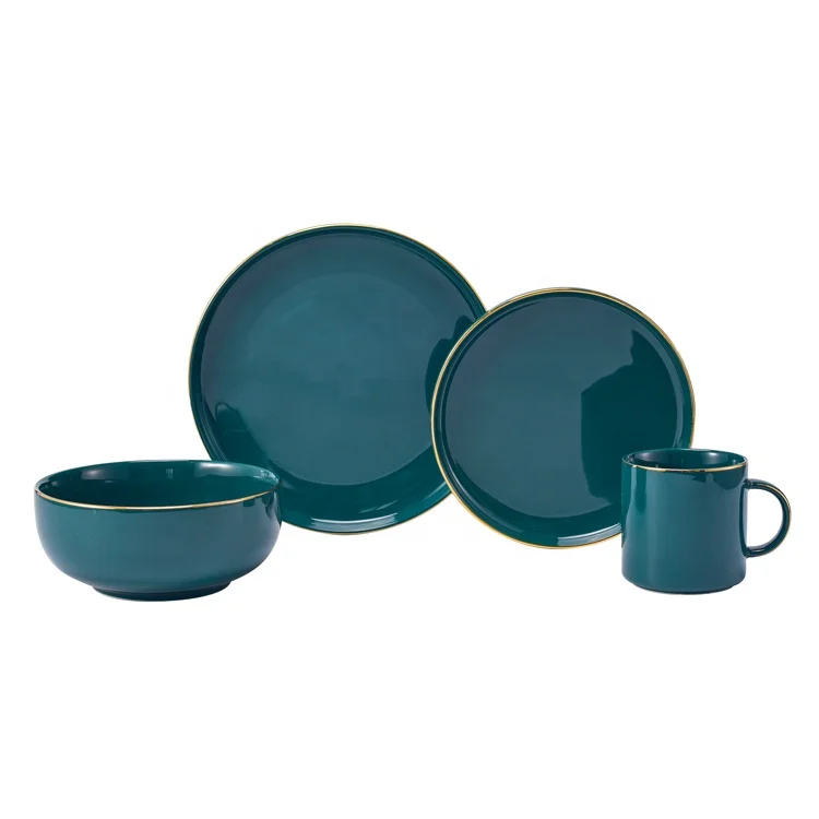 Factory direct sale Chinese restaurant turquoise color gold rimmed crockery ceramic luxury tableware