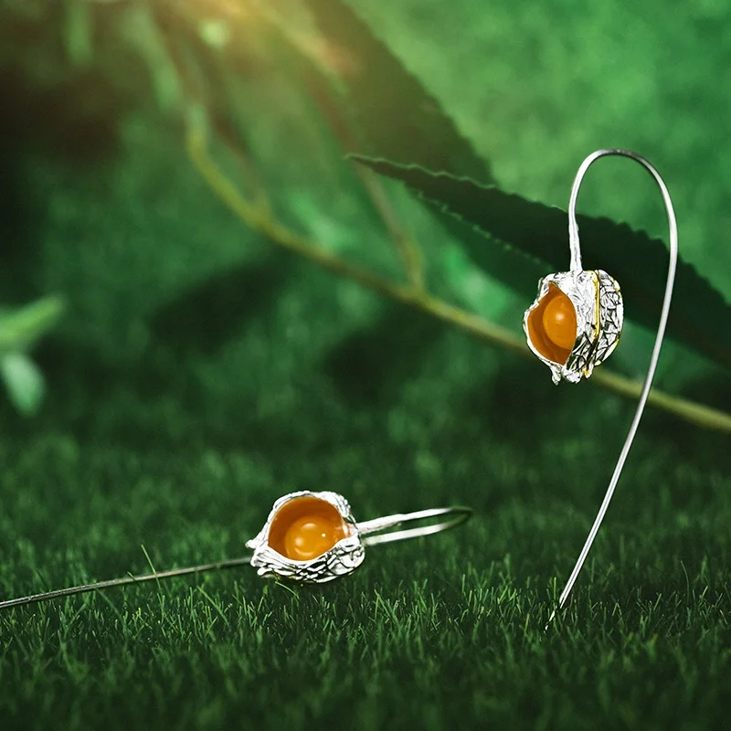 Custom Natural Stone Creative Design Physalis Fruits Cape gooseberry Dangle drop  Earrings 925 sterling silver with 18k jewelry