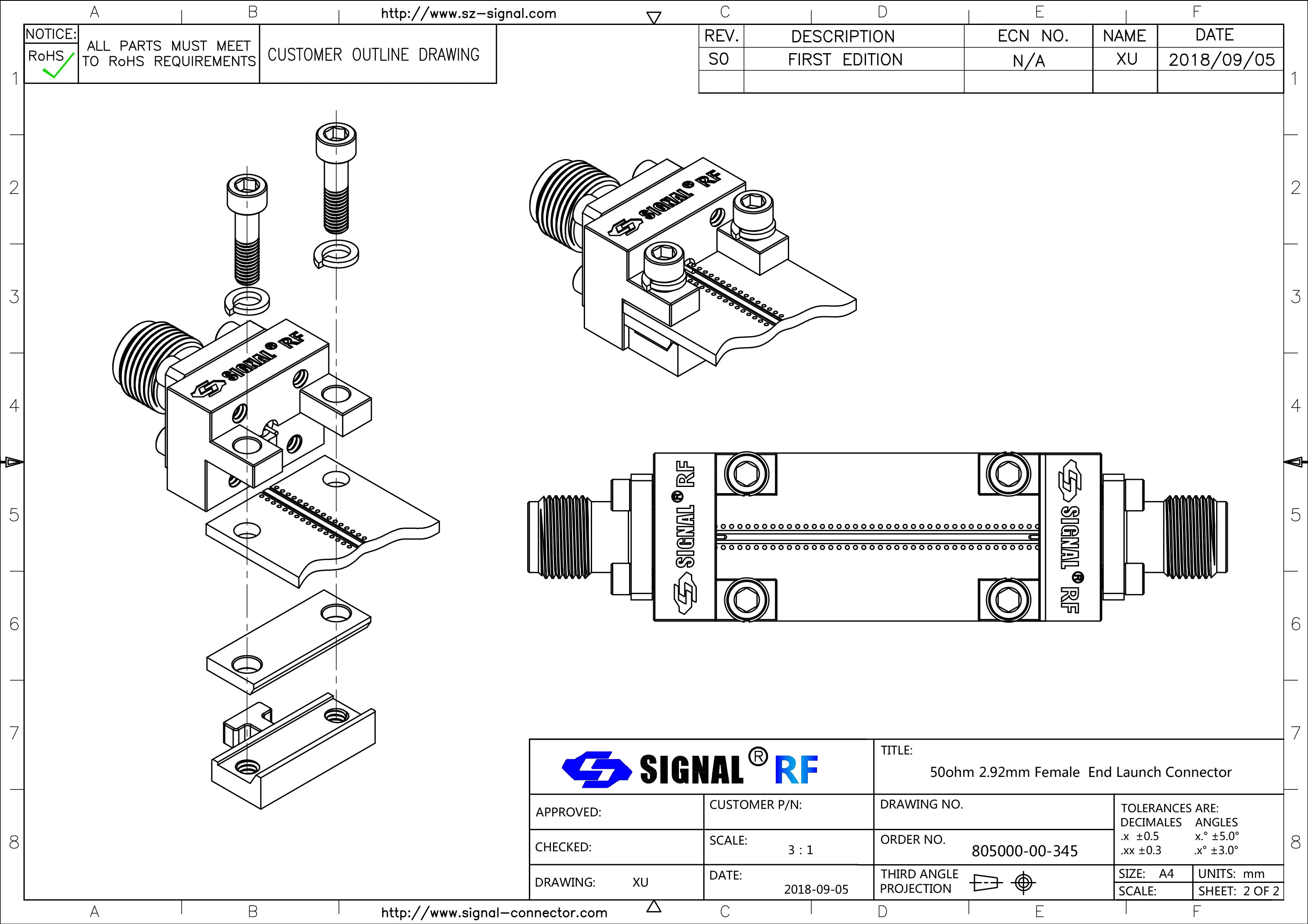 40GHz, 2.92mmK Female Microwave Connector, Clamp/Solder Captive Contact Attachment End Launch PCB, Removable End Launch
