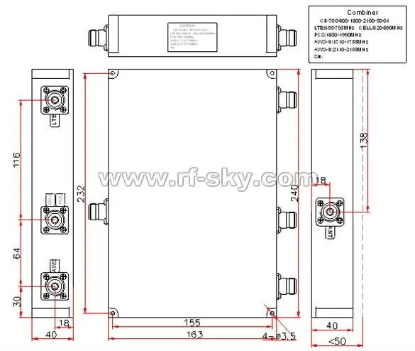 low loss pim 1 NF antenna 746-880MHz CDMA GSM LTD four way launch passive catv channel rf combiner