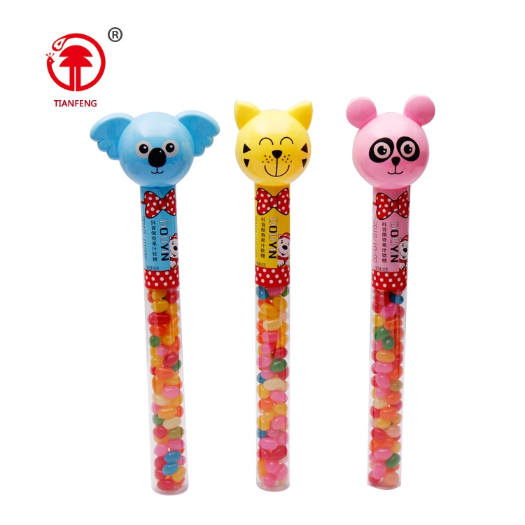 Factory manufacturer good selling halal fruit candy stick soft chewy candy gummy jelly beans cartoon stick for kids