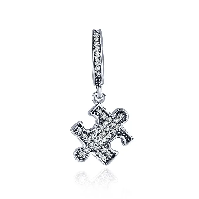 
925 Sterling Silver Puzzle shape Dangle Charms Clear CZ Charms Fit Snake Chain Bracelet and Necklace 