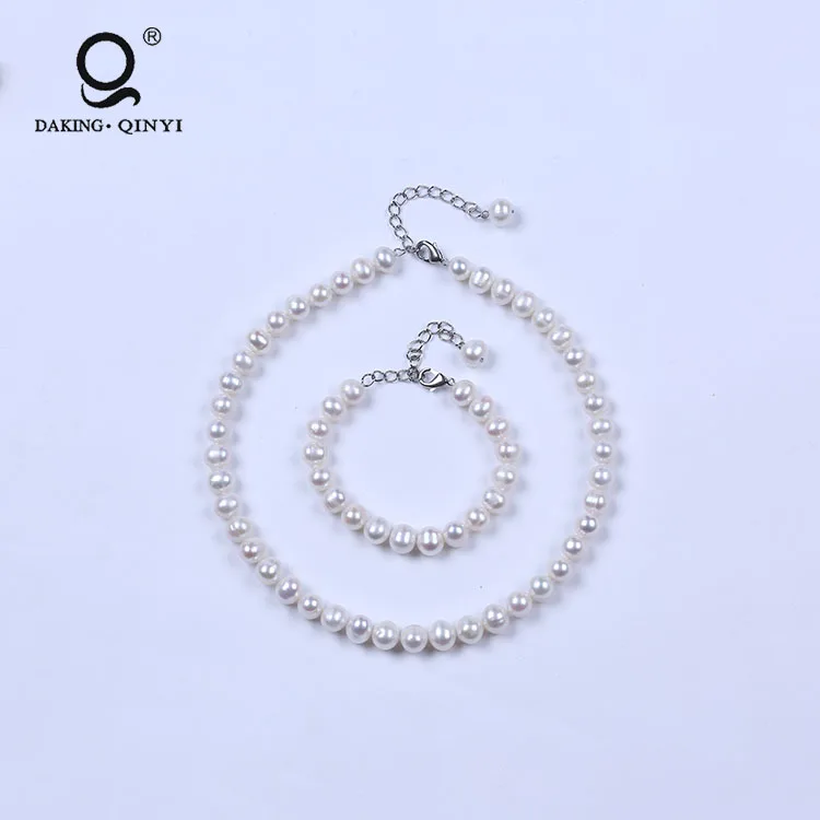 Simple Sterling Sliver plated real freshwater potato pearl necklace  jewelry set