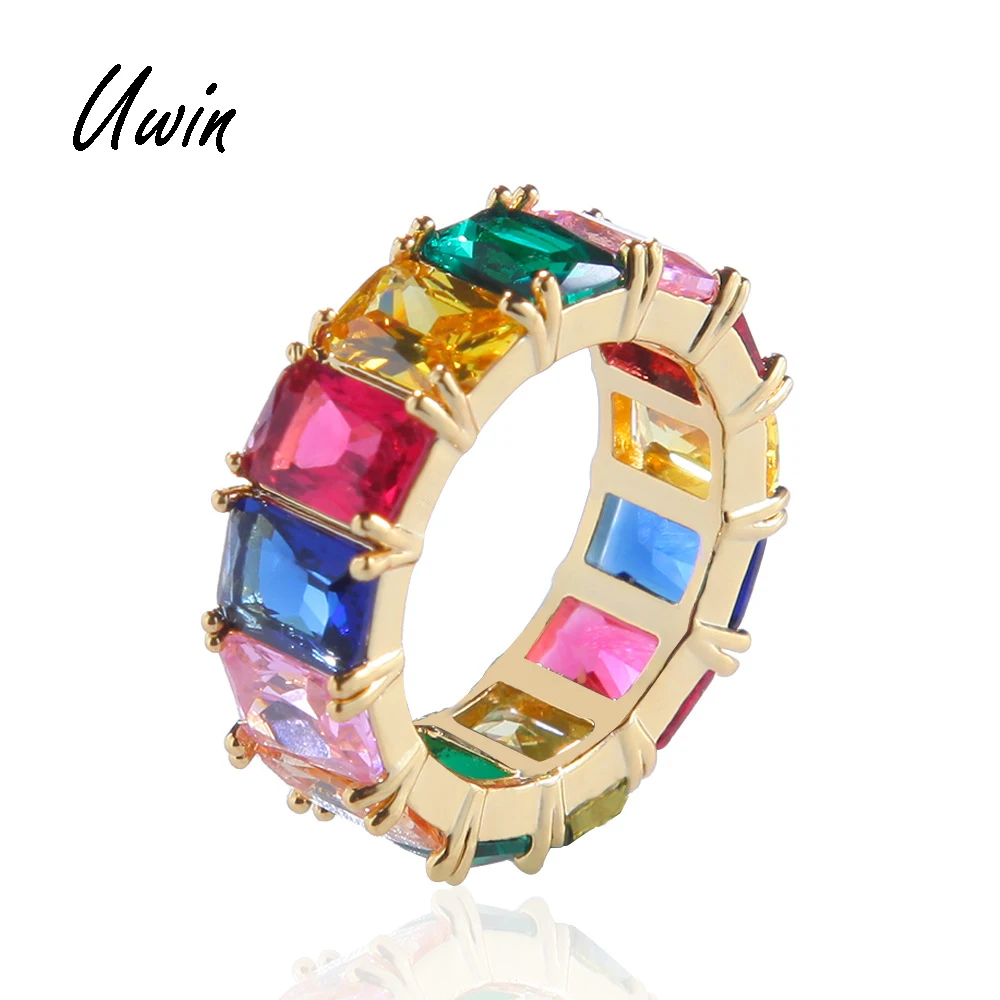 High Quality CZ Rainbow Baguette Ring Zirconia Diamond Ring Gold Plated Women Men Rappers Jewelry