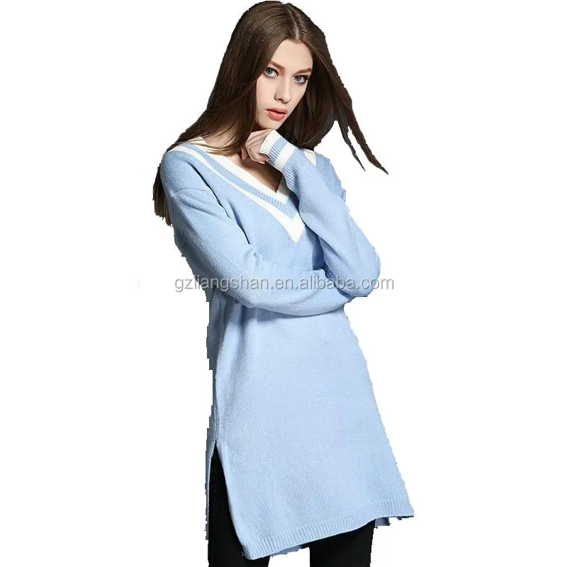
Wholesale 2016 New Arrival Fashion V Collar Long Sleeve Straight Slit Sweater Dress 