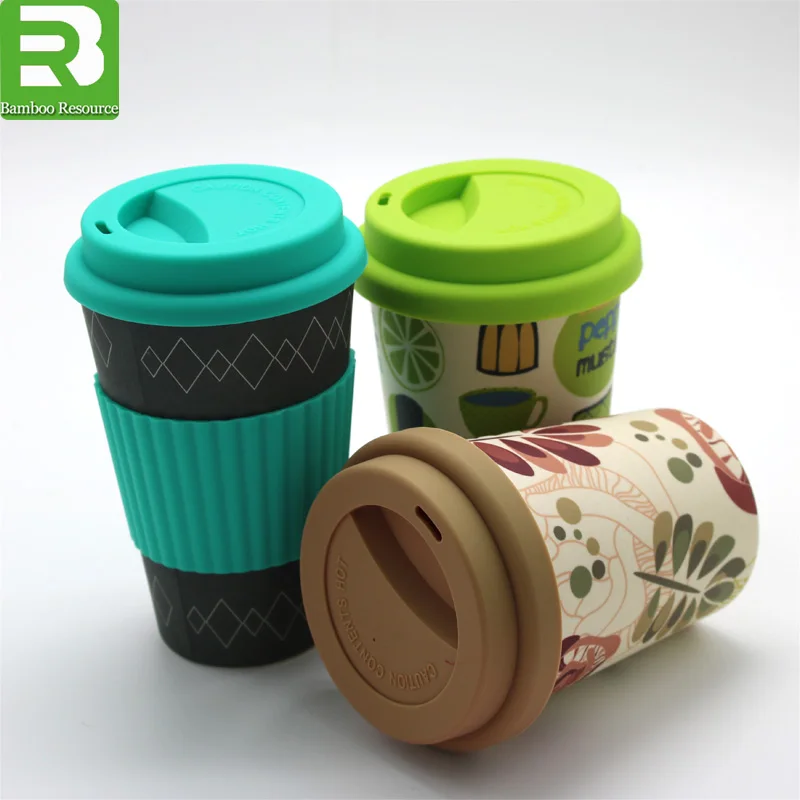 
12oz biodegradable custom printed reusable melamine Bamboo Fiber Coffee Cup with lids 