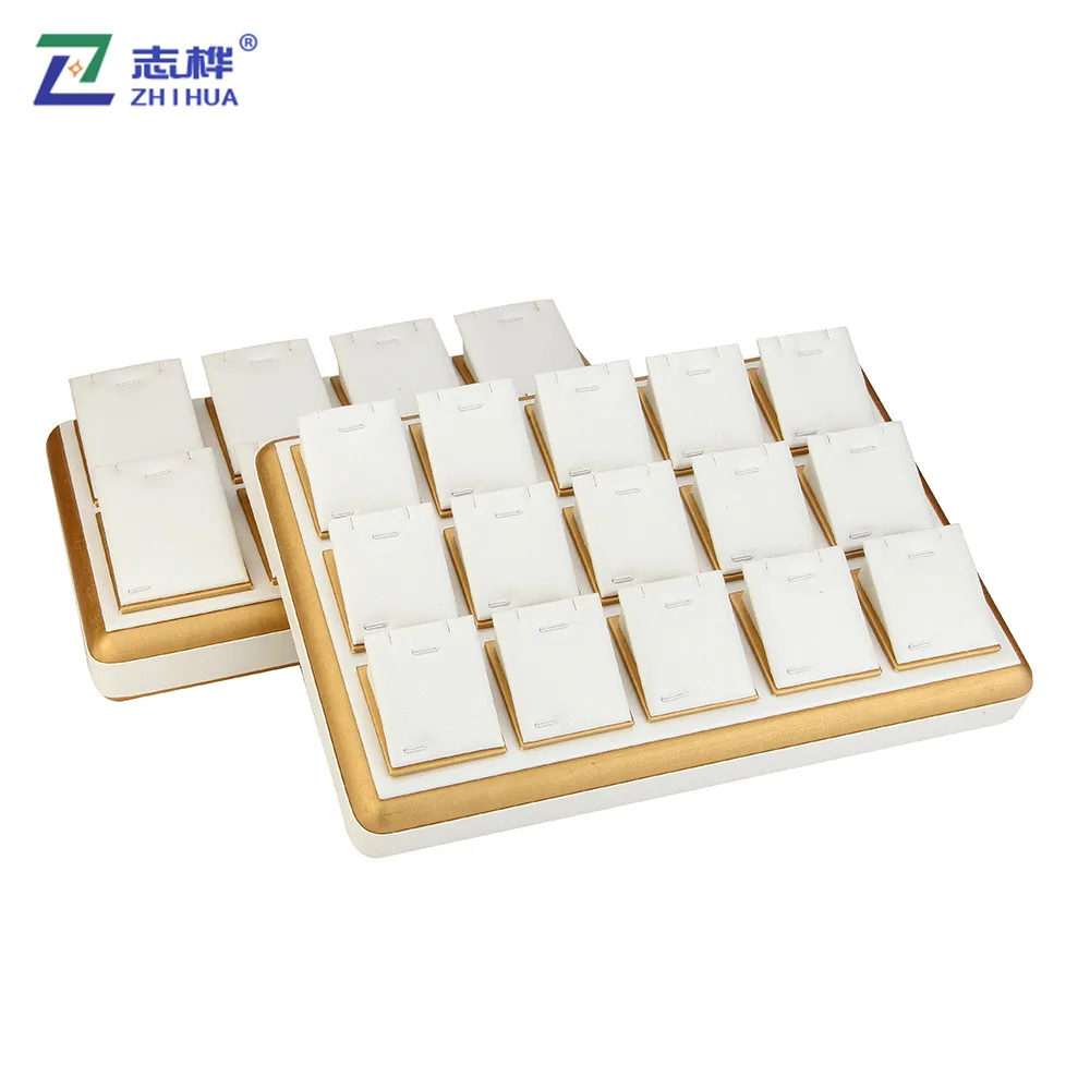 Custom White PU Leather Pendent Necklace Earrings Display Stand Luxury Round Corner Jewelry Display Tray