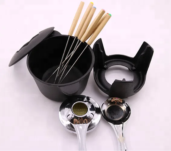 Raclette Swiss Cheese Fondue Grill Camping Cast Iron Fondue Pot With Forks