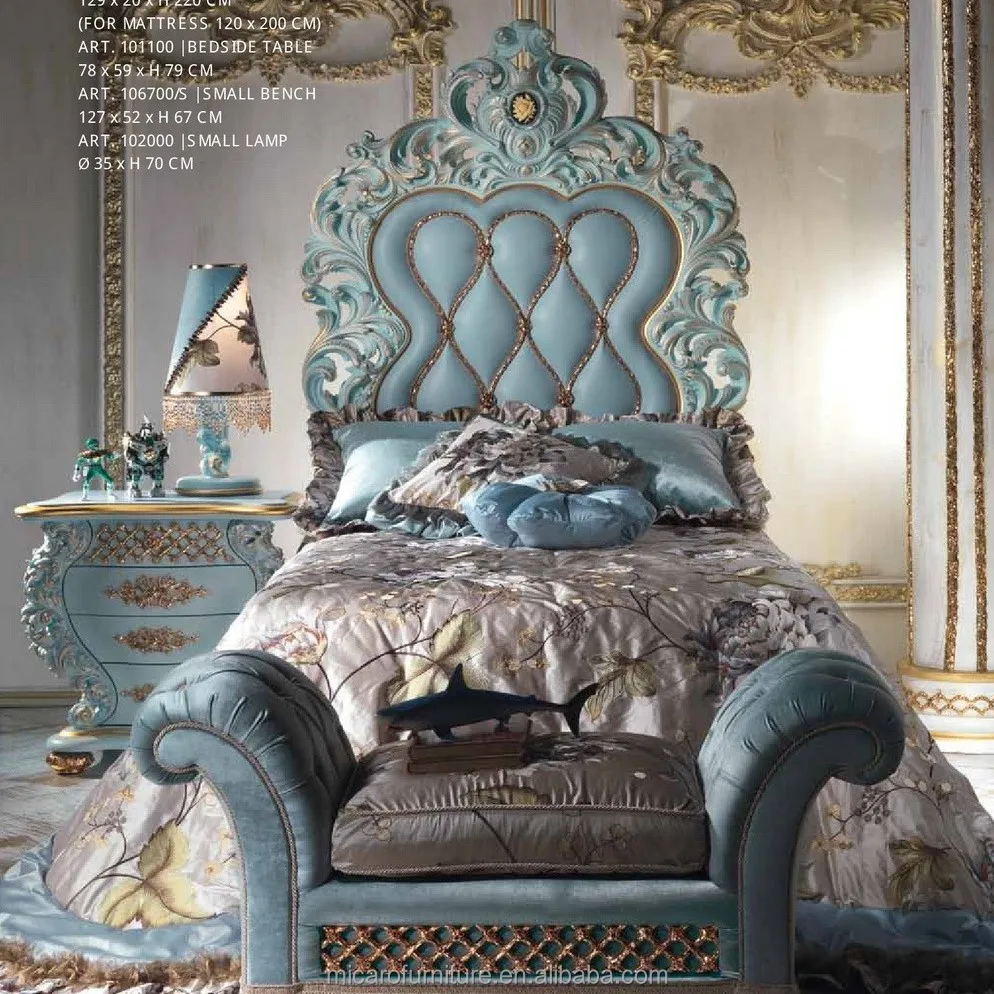 Luxury romantic wooden Sky blue color leather headboard antique Prince kids bed