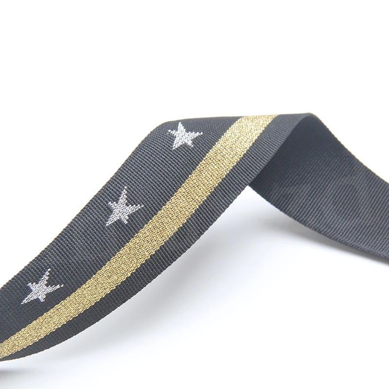 Черная жаккардовая тканая тесьма золотая линия многоцветная с 5 звездами Серебряный Логотип 2 дюйма