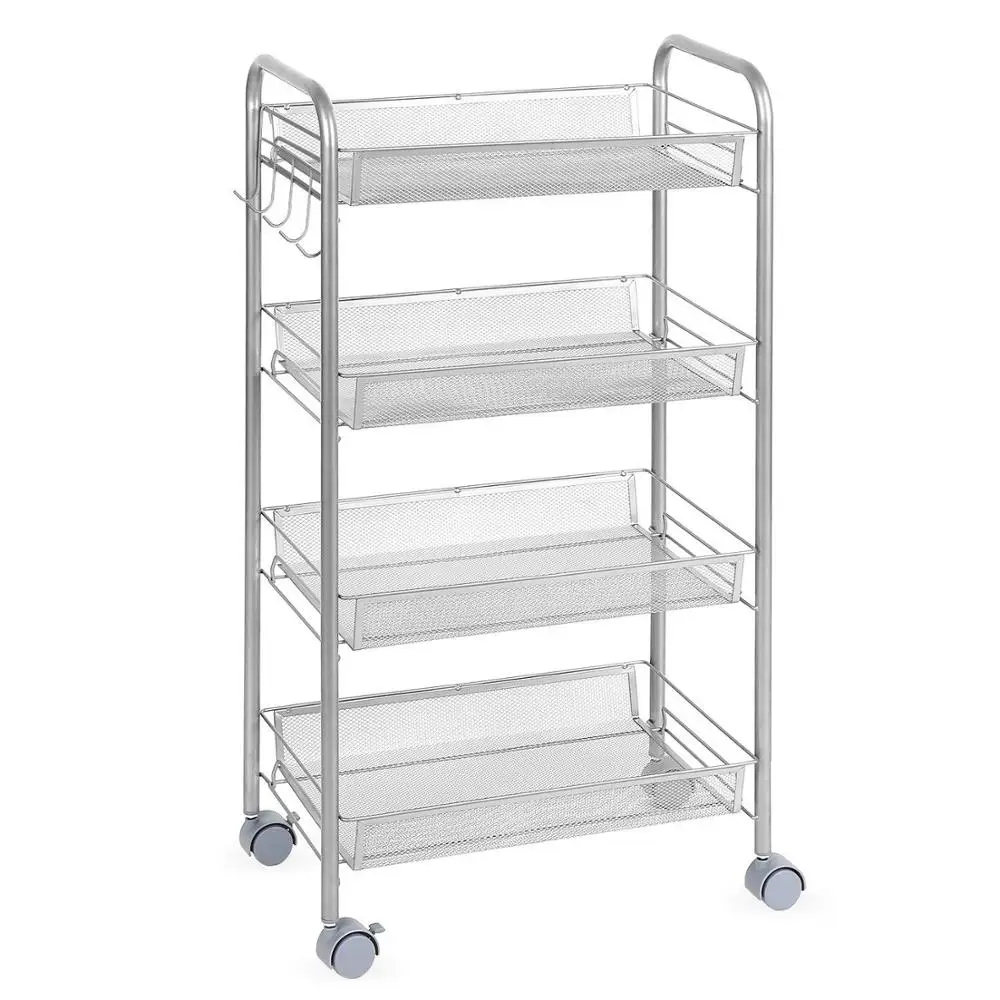 Kitchen and bathroom metal mesh storage trolley with rolling wheels shelving serving cart