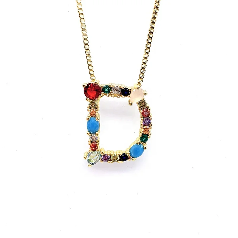 
Brass Gold Plated Jewelry A M 26 Rainbow Color Zircon Stone Initial Letter Necklace Carta Joyas Collar 