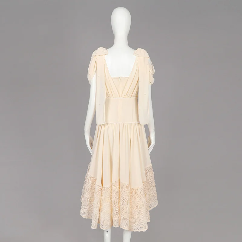 Elegant and Sweet Style Solid Beige Color Floral Lace Swing Summer Chiffon Beading Ornamental Woman Dress with Back Zip Closure