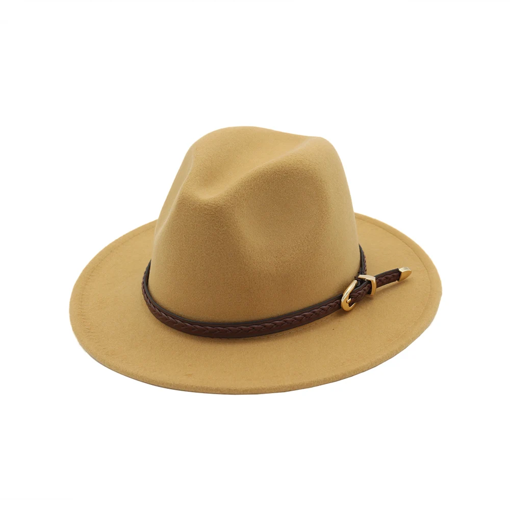 
Cheap Wholesale Braid Shape Leather Decor Cotton Felt Fedora Hat Jazz Hat 