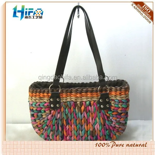 Handmade Paper Straw Bag Colorful Woven Bag With Round Handle