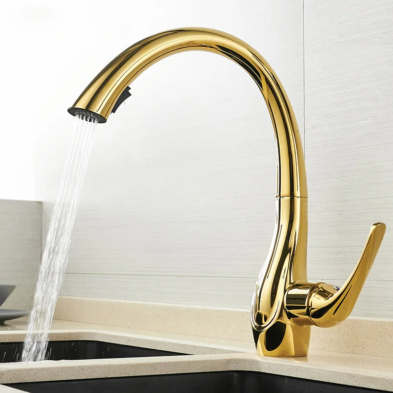 Elegant Gold Swan Style Pull Down Sprayer Single Lever Black Kitchen Sink Faucet DG-PK2009-GN
