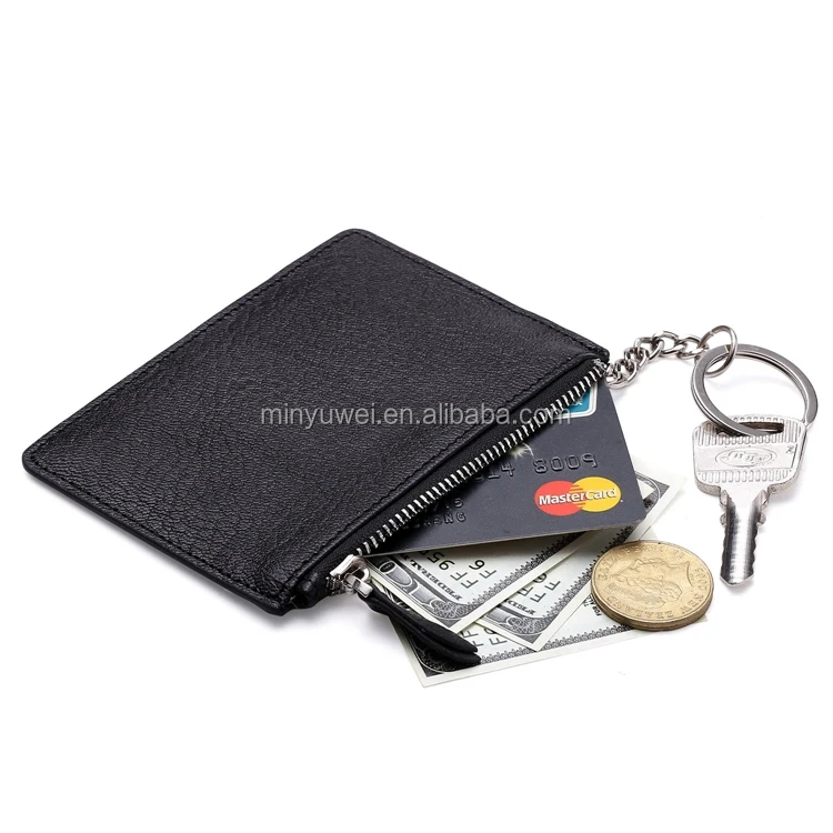 RFID mini leather credit card holder key wallet with keyring and ID window card slot