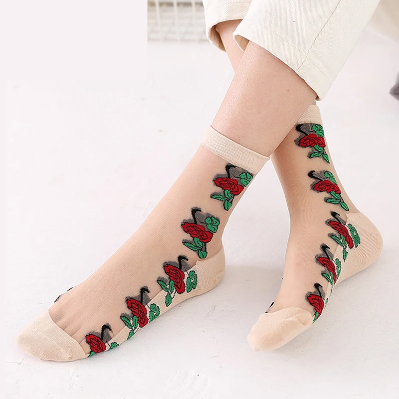 Fashion flower design crystal sheer socks women nylon silk socks for sale