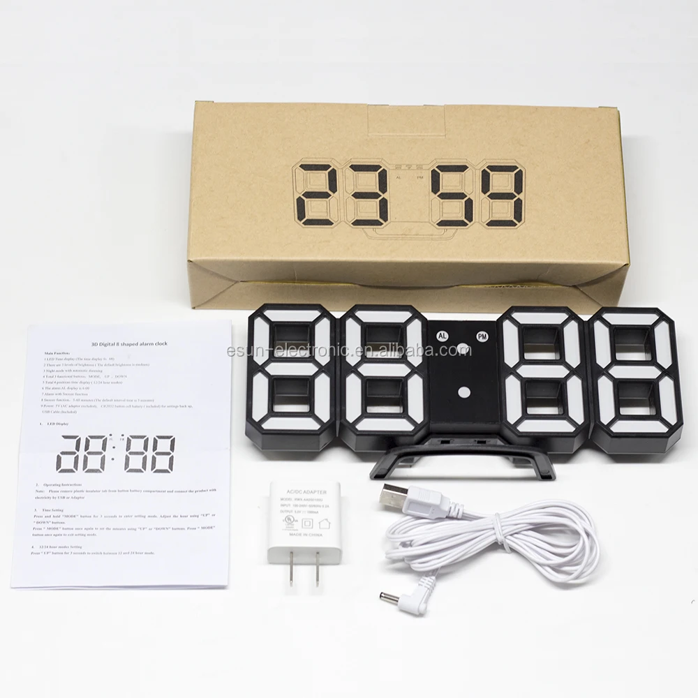 Smart Brightness Control 3D LED Modern Digital Alarm Wall Clock for Office Home Decor