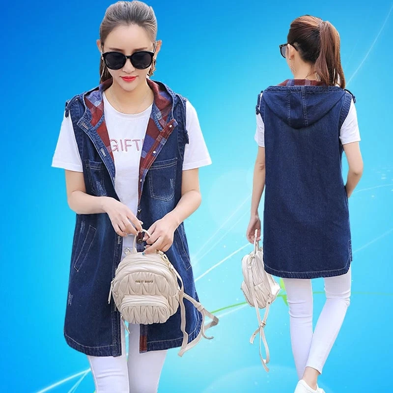 Compra Sin mangas con capucha chaqueta de mezclilla online