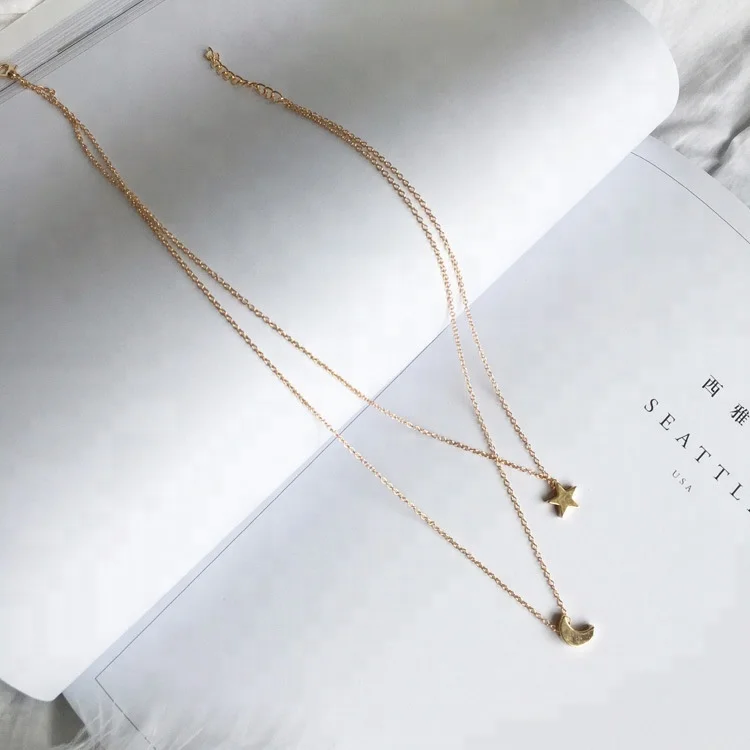 Korea fashion design alloy star moon pendant two layered necklace