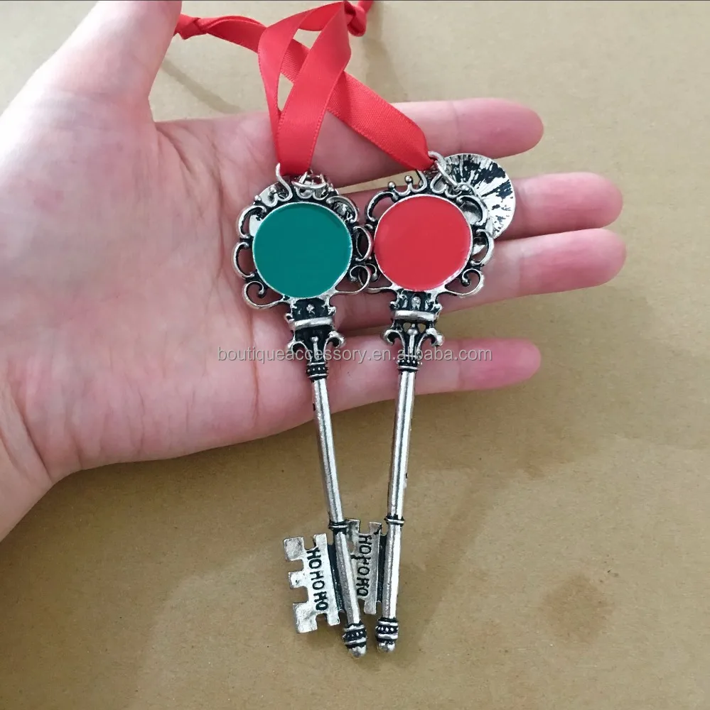 Античное серебро, персонализированный эмалированный диск, волшебные ключи Санты, ювелирные изделия в форме ключа, Рождественское украшение, ключ Санты