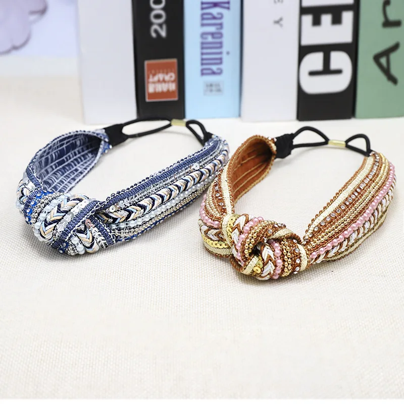 LRTOU Wholesale Custom Boho Handmade Weave Knot Plastic Hair Band Bead Crystal Stretchy Headband For Adult Women