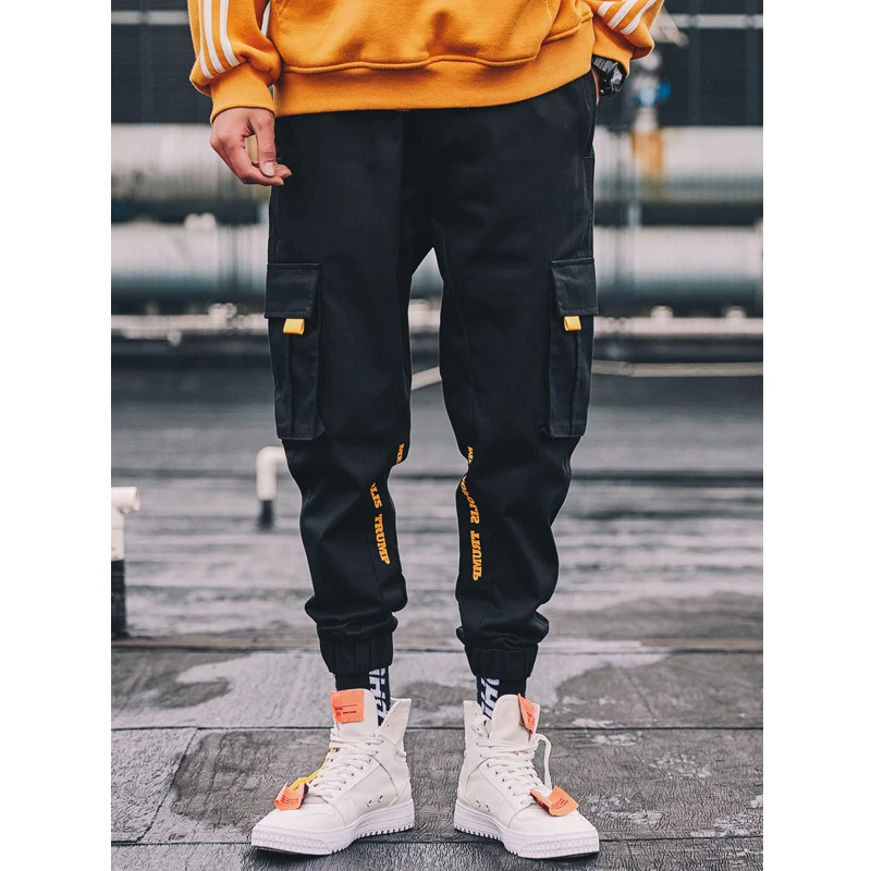 Брюки-карго мужские эластичные, модные Джоггеры в стиле хип-хоп, с боковыми карманами, черные
