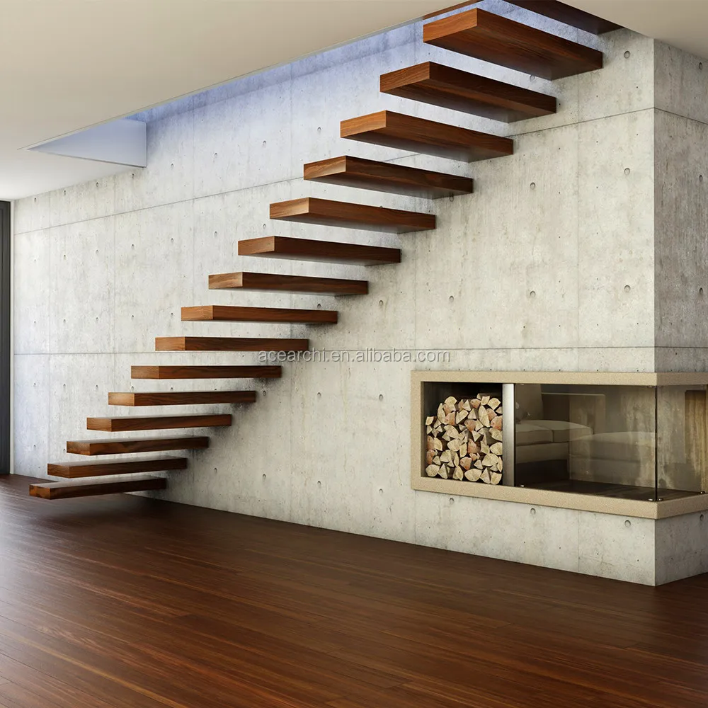 Contemporary Floating Staircase with Wood Tread Invisible Stringer Straight Stairs
