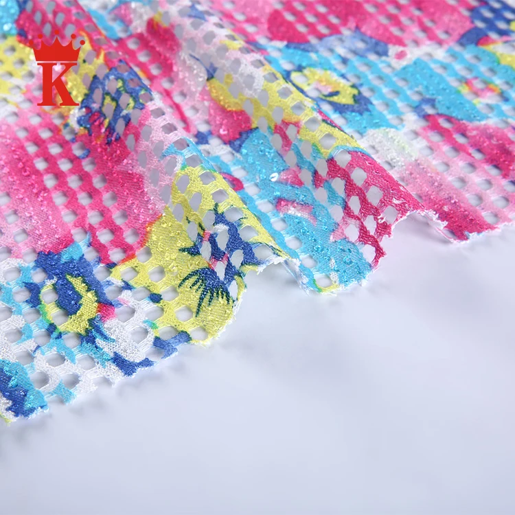 
rainbow colorful flower net printed 100% polyester 3d mesh fabric 