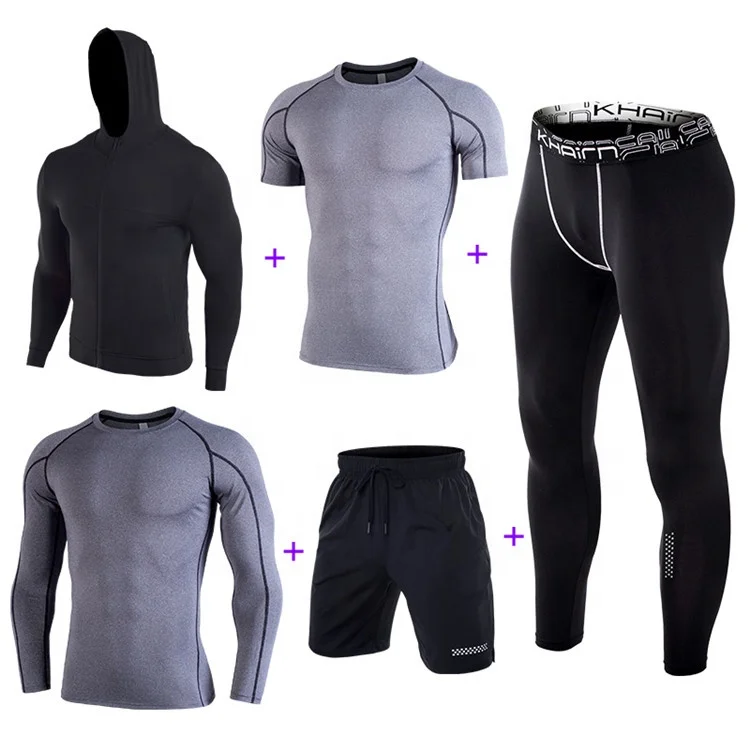 5 piece in set men quick dry training wear set gym clothes running suits breathable running  wear sport suit for man