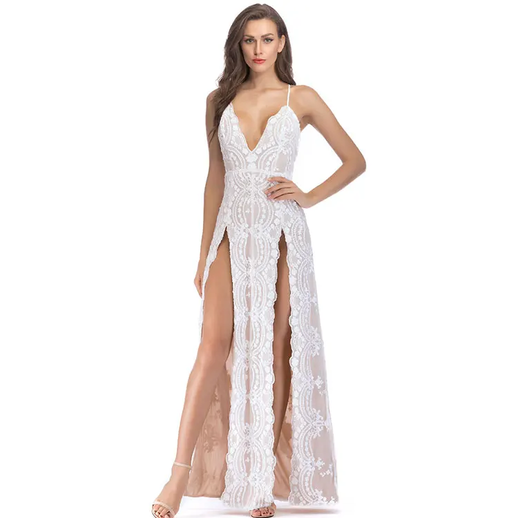 Modern women bulk sequin beaded sexy split maxi long dinner evening gown dress