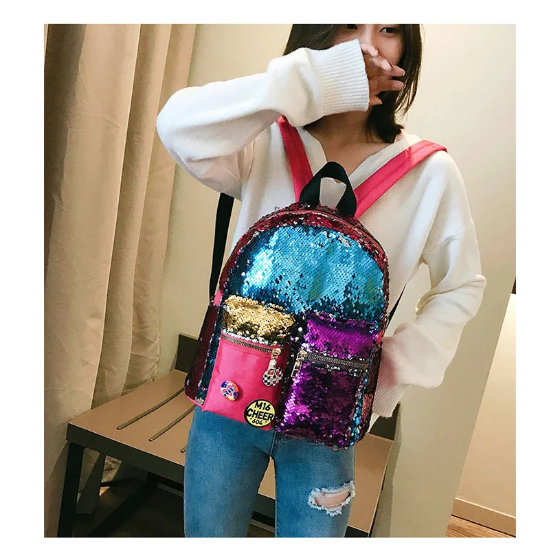 New Arrival Women Girls Fashion Bling Backpack Shiny Bag Travel Bag Daypack