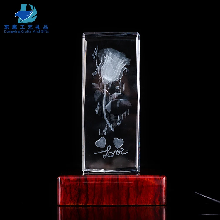Pujiang Manufacture 3D Laser Rose Crystal Cube Wedding Gift For Souvenir
