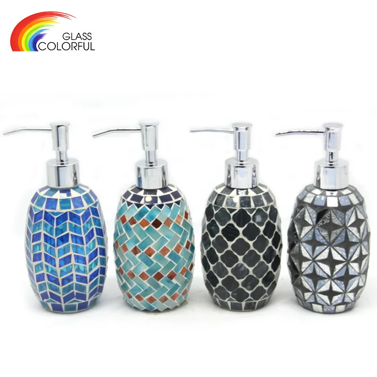 Geometric handmade glass mosaic liquid soap dispenser