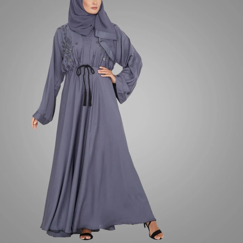 South Indian Sexy Girls Picture High Quality Kaftan Kimono Abaya Dark Gray Elegant Embroidery Pearls Dubai Abaya